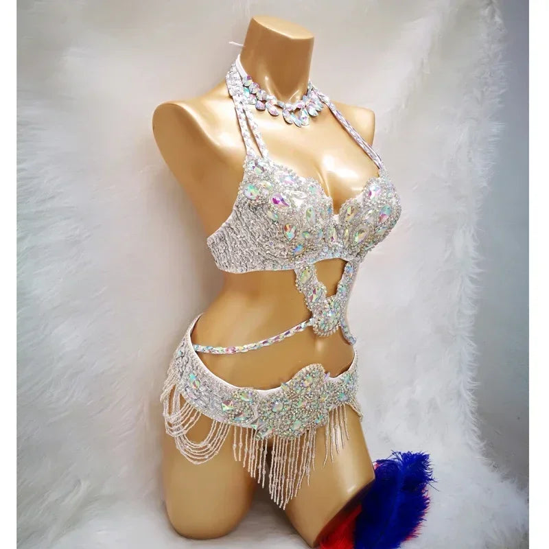 Beaded Crystal Belly Dance Costume, 3 Piece Set