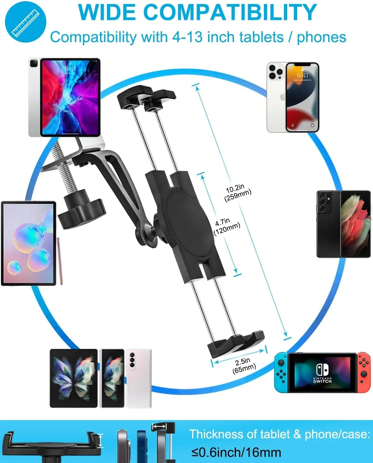 Kitchen Cabinet Tablet Mount Stand for 4-13'' Tablet & Phone Holder Stand Metal Tablets Cellphone Clamp Holder for IPad Air Pro