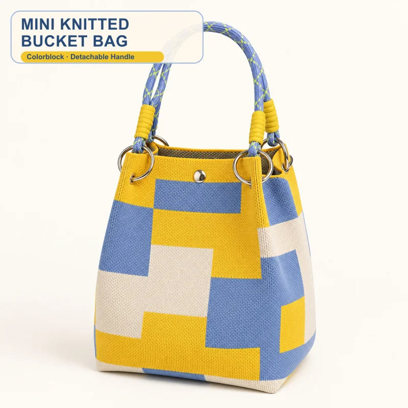 Mini Knitted Bucket Bag Women Small Handbag Geometric Colorblock