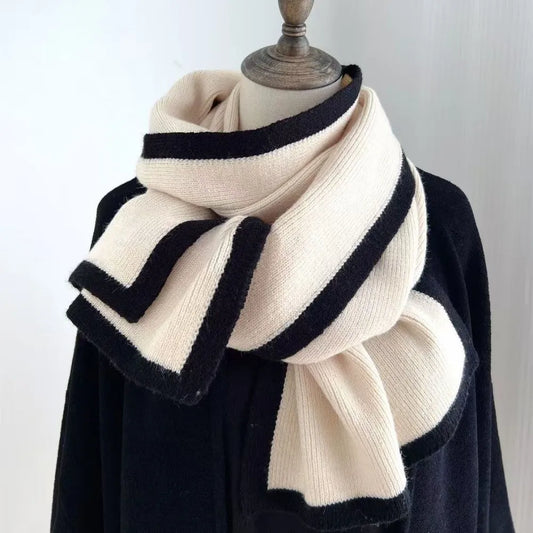 Solid Color Winter Knit Scarf Warm Soft Material Casual Style Neck Warmer Double-Sided Design Contrast Edge Double-Sided Scarf