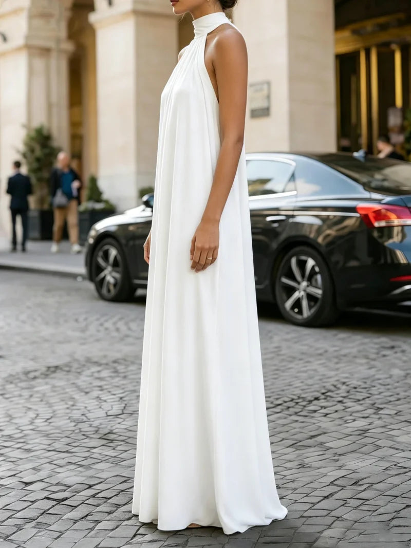 Chic Solid Color Halter Collar Floor Length Dress Female Formal Occasion Office Lady New