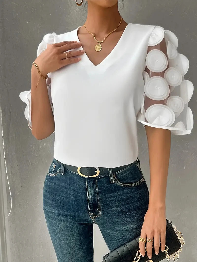 3D Floral Applique Sheer Sleeve V Neck Chiffon Blouse Top For Women