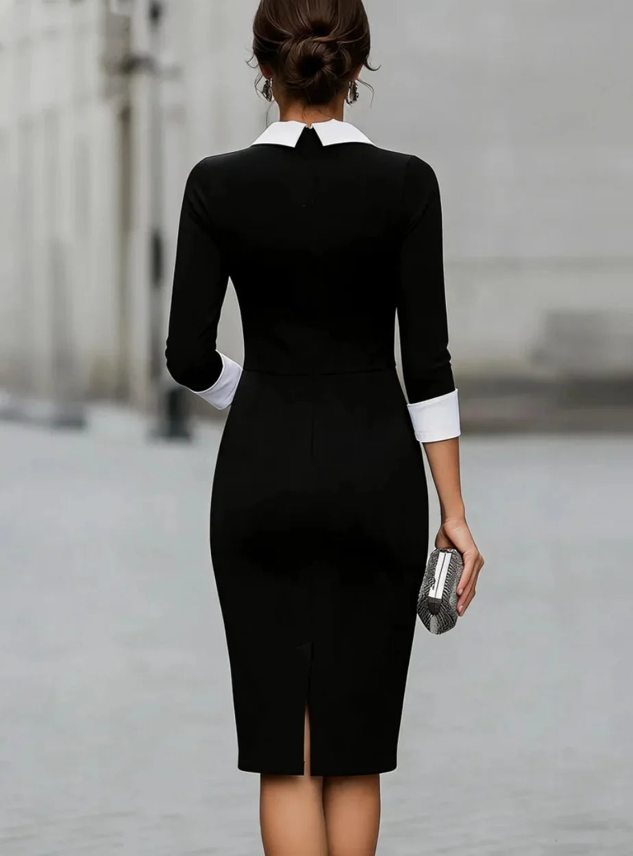 Women V Neck Three Quarter Sleeve Contrast Collar Bodycon Dress Elegant Office Lady Pencil Skirt for Work