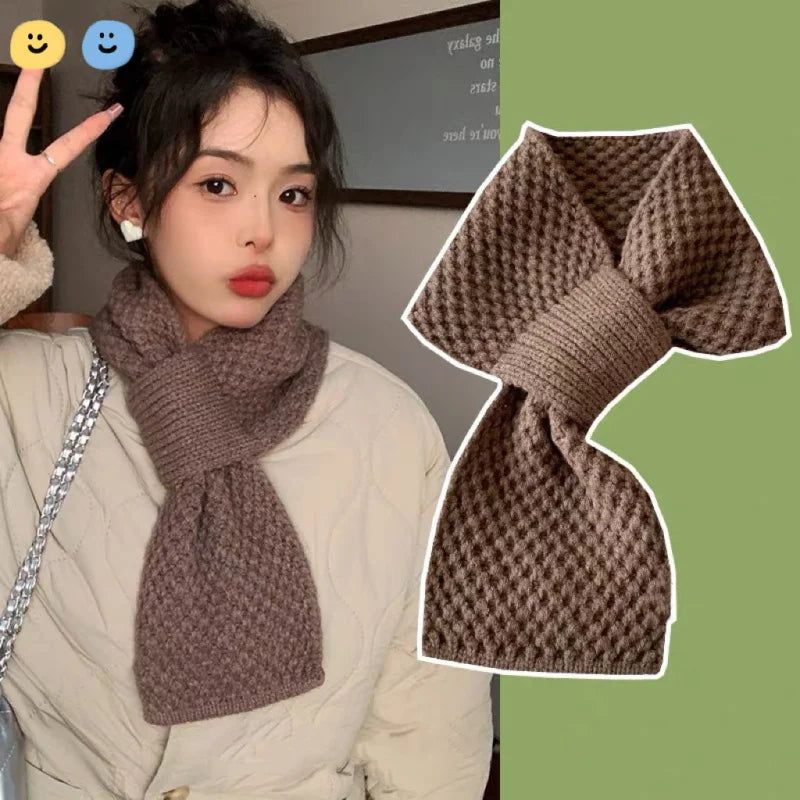 Knitted Small Scarf for Women Winter Trendy Lazy Neck Warmer Cross Korean Style Versatile Warm Solid Color Neck Protection