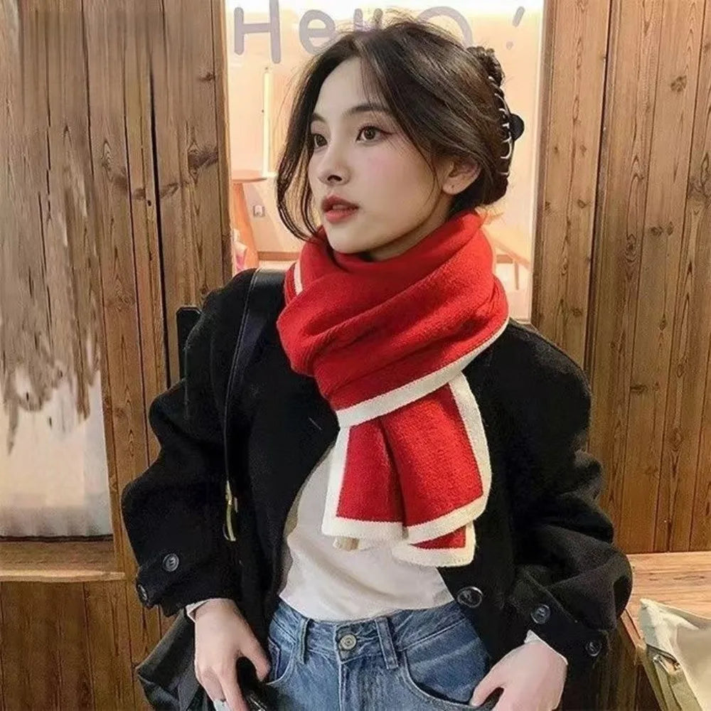 Solid Color Winter Knit Scarf Warm Soft Material Casual Style Neck Warmer Double-Sided Design Contrast Edge Double-Sided Scarf