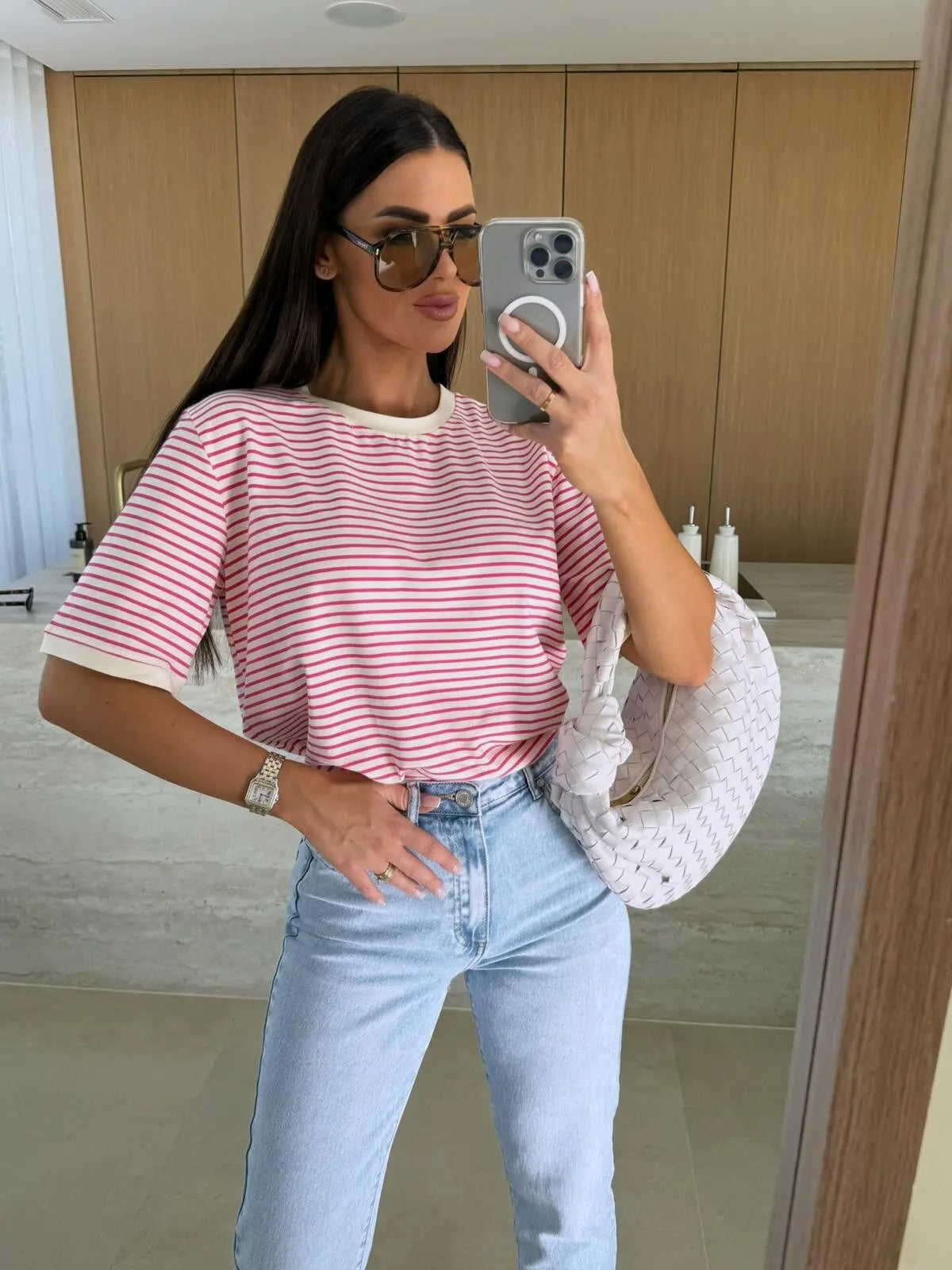Women's Striped Short Sleeve T-Shirt Round Neck Casual Loose Fit Summer Top