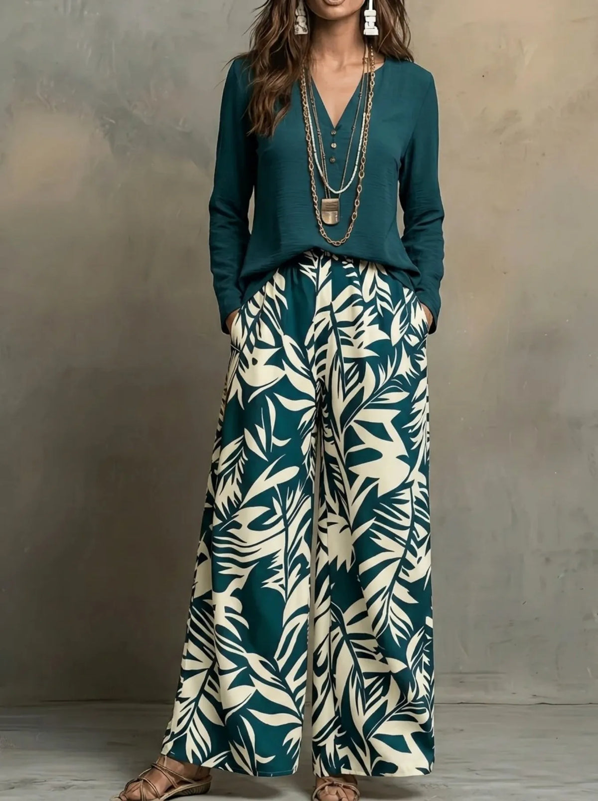 Women 2 Piece Outfit V‑Neck Long Sleeve Blouse Top Leaf Print Elastic Waist Wide Leg Pants Set Casual Loose Vacation Boho Loungewear Suit
