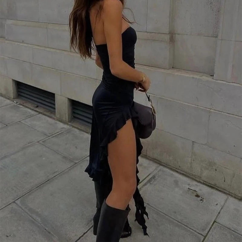 Strapless Backless Mini Dress with High Slit