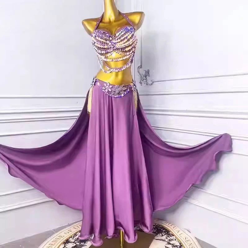Belly Dancing Performance Set for Women's Customized Senior Sequin Bra+Sexy Split Long Skirt Oriental Dance Competition Costume