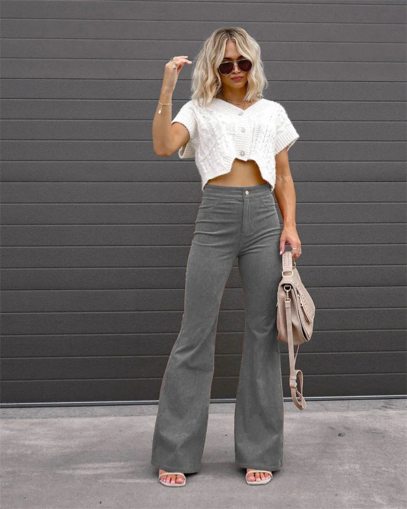 2023 Corduroy Casual Trousers Women Autumn Winter Solid High-waist Flare Pants Lady Slim Black Gray Khaki Orange Long Pants