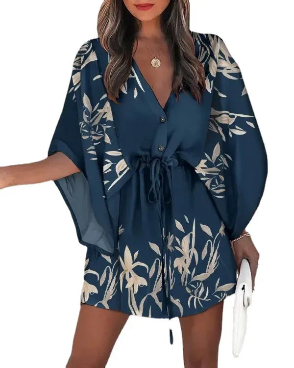 Floral Print Batwing Sleeve Dress with Ruffle Hem