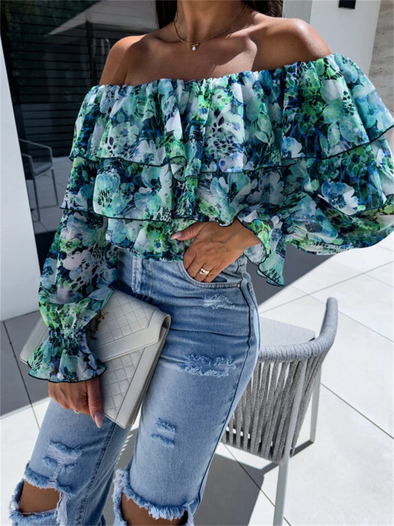 Women Off Shoulder Ruffle Blouse Long Sleeve Floral Print Sheer Chiffon Top Tiered Layered Design Fashion Casual Summer Blouse