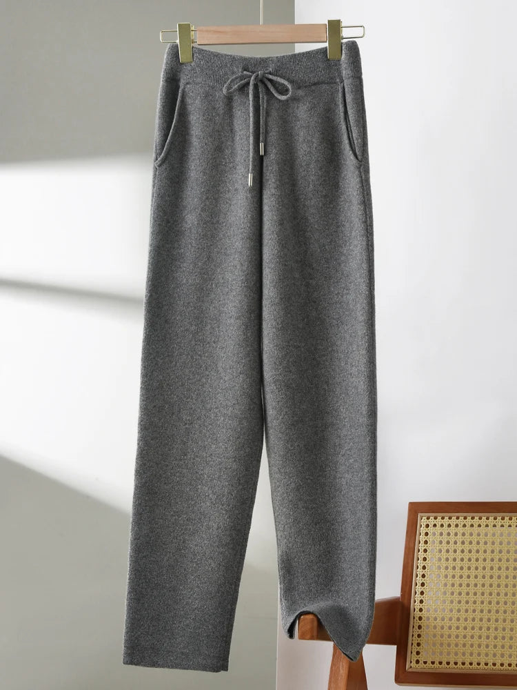 100% Pure Wool Small Leg Pants Kintted Autumn Winter Women's Fashionable Casual Versatile Thick Solid Color Pocket Cashmere Pant
