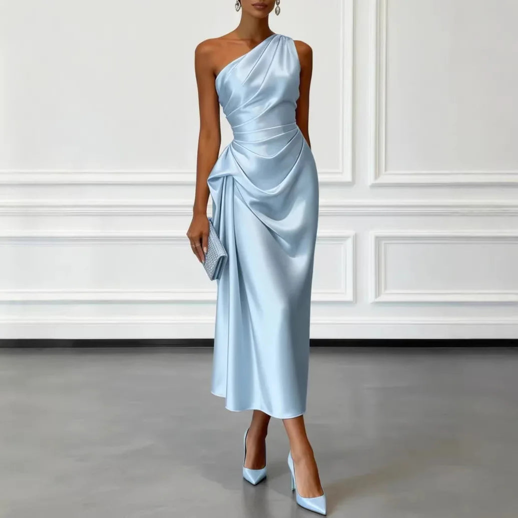 One Shoulder Asymmetrical Neck Satin Midi Dress All Over Side Ruched Draped Detail