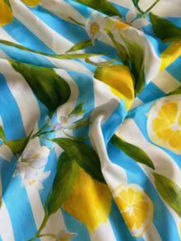 2026 New Style Women's Printed Wide Leg Pants, Blue and White Stripes, Lemon Flower Pattern, Drawstring High-Waisted Baroque Pants. Fast Shipping from the US Warehouse. Suitable for Summer Bohemian Beach Outdoor Vacation and
