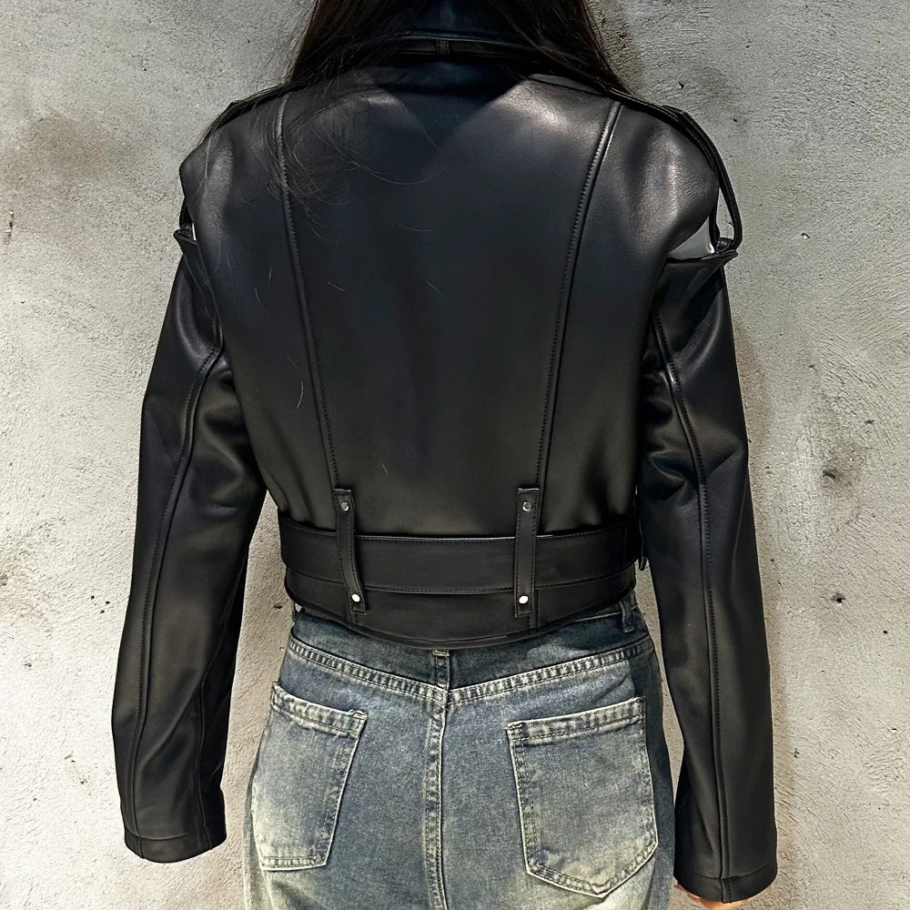 Real Leather Jacket Women Vintage Black Leather Jacket Cropped Jacket With Belt Spring