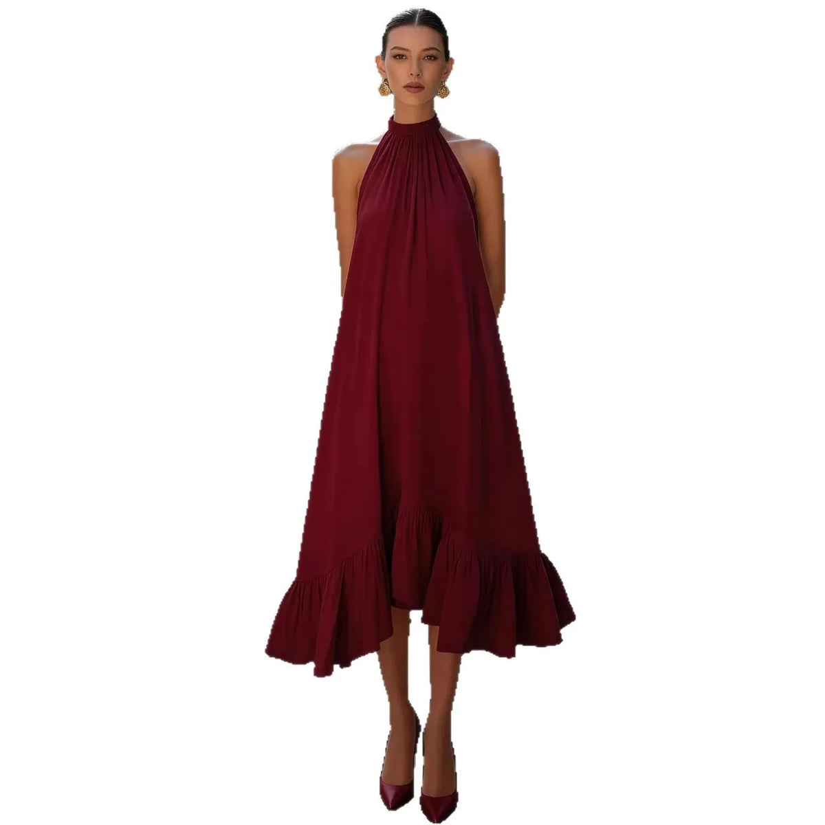 Trendy Black Backless Halter Neck A-Line Dress Autumn Winter Party Club Wear Fashion Top