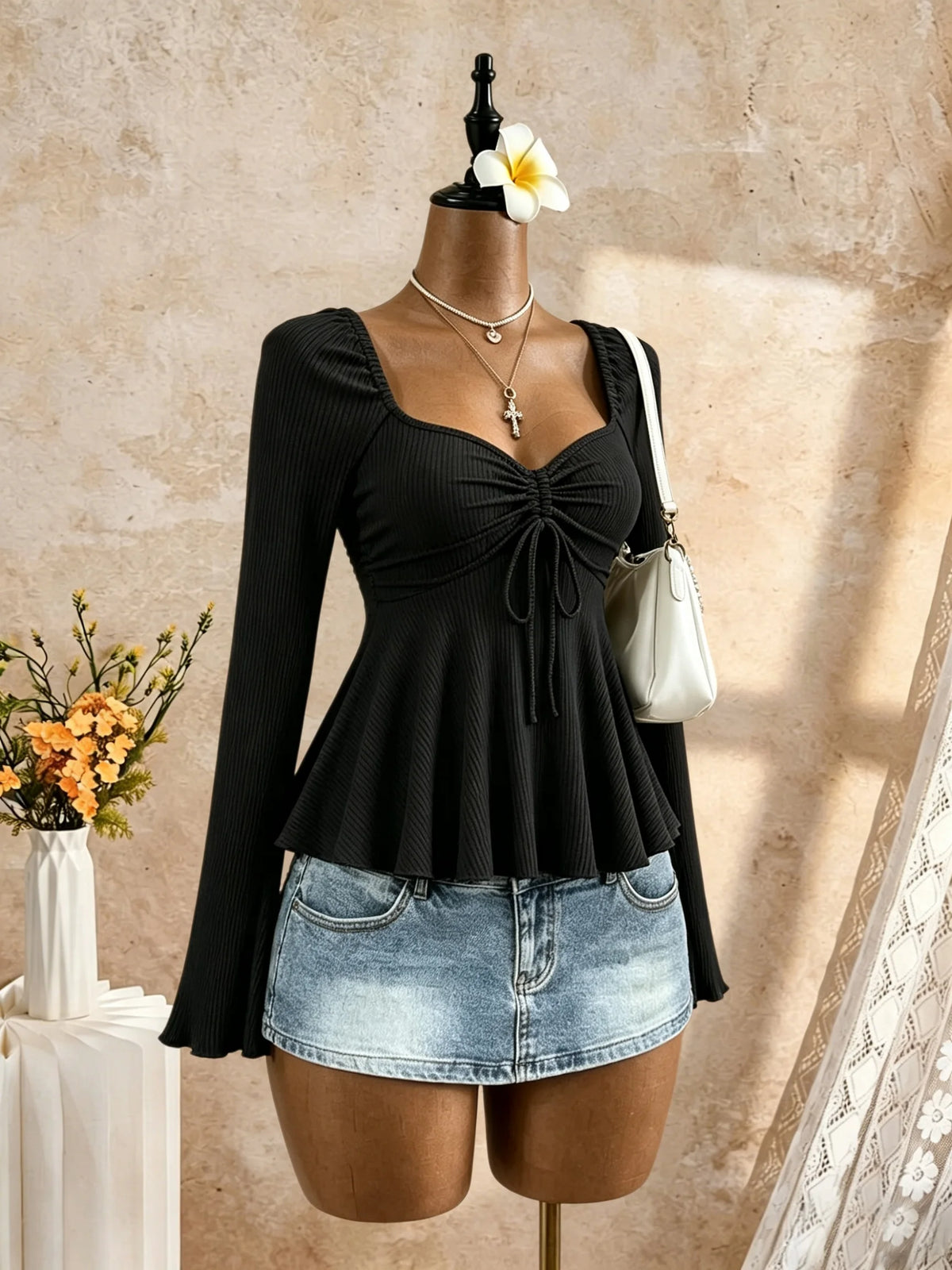 Women Square Neck Ruched Drawstring Bust Flare Long Sleeve Peplum Top Ribbed Knit Solid Black Slim Fit Casual Blouse