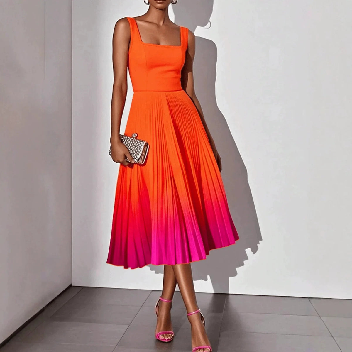 Square Neck Ombre Pleated Midi Dress