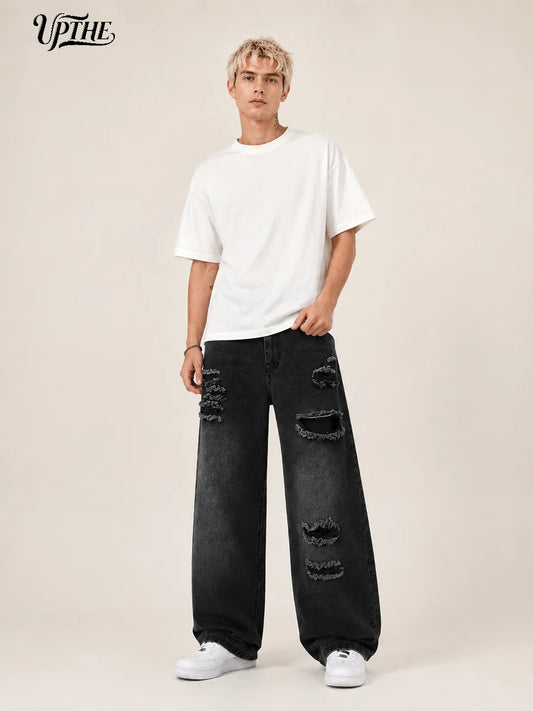 Men's Baggy Wide Leg Ripped Jeans, Y2K Distressed Jacquard Denim Pants, Loose Fit Hip Hop Streetwear Casual Denim Trousers for Men