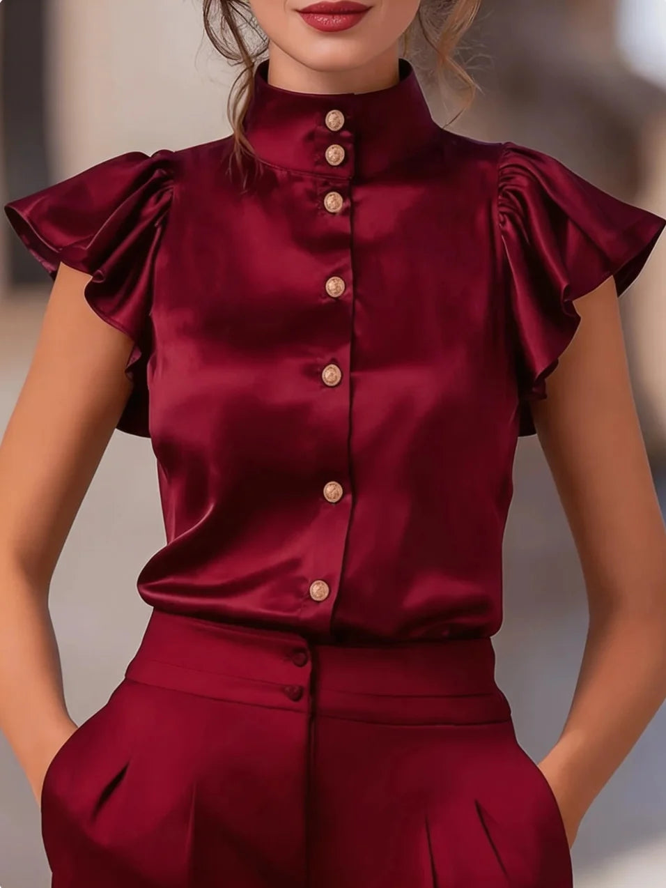 Women's Stand Collar Ruffle Cap Sleeve Button Down Satin Blouse for Office Work and Formal Events