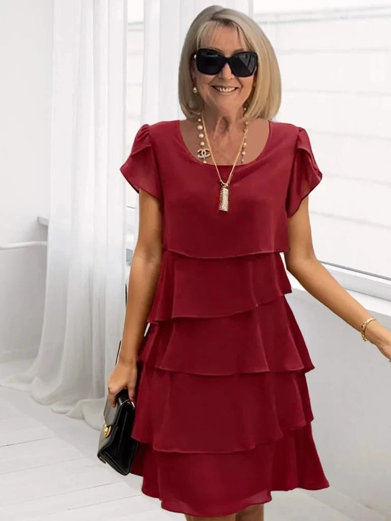 Women's Solid Color Round Neck Short Sleeve Casual Multi-Layered Mini Dress