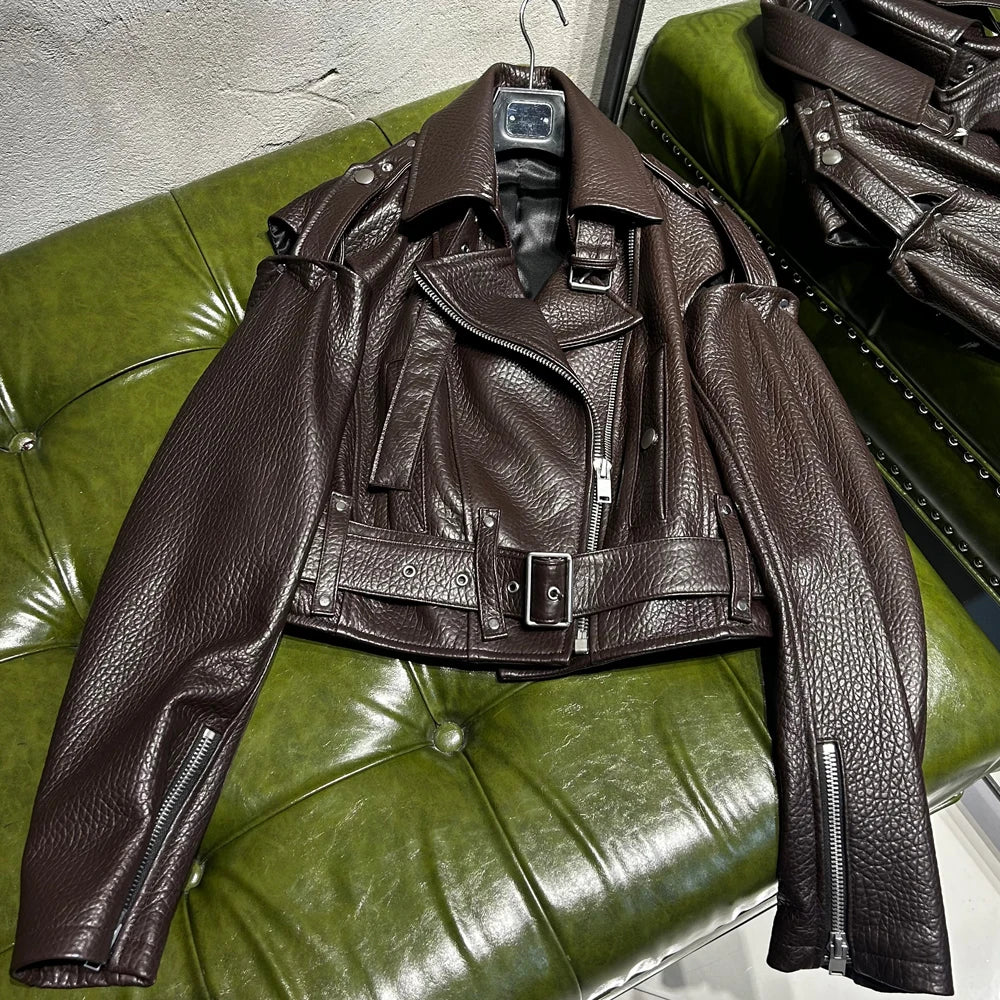 Real Leather Jacket Women Vintage Black Leather Jacket Cropped Jacket With Belt Spring