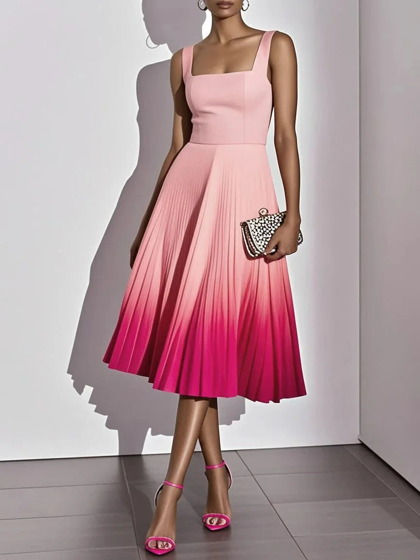 Square Neck Ombre Pleated Midi Dress