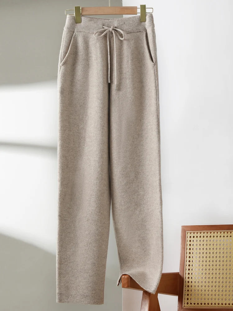 100% Pure Wool Small Leg Pants Kintted Autumn Winter Women's Fashionable Casual Versatile Thick Solid Color Pocket Cashmere Pant