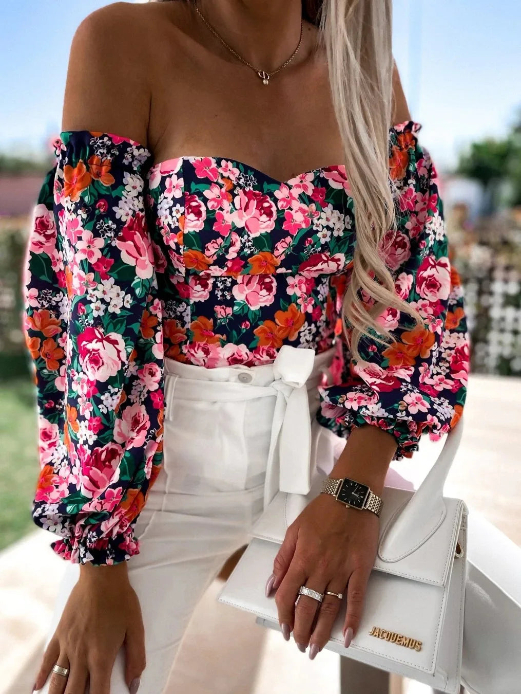 Off Shoulder Floral Print Crop Top Puff Lantern Sleeve Sweet Elegant Holiday Party Slim Short Blouse