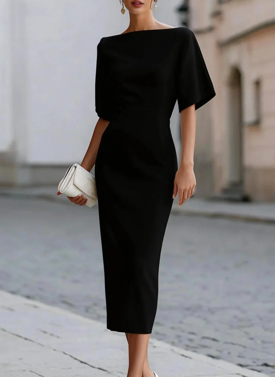 Elegant Boat Neck Half Sleeve Midi Dress Fitted Waist Formal Party Gown