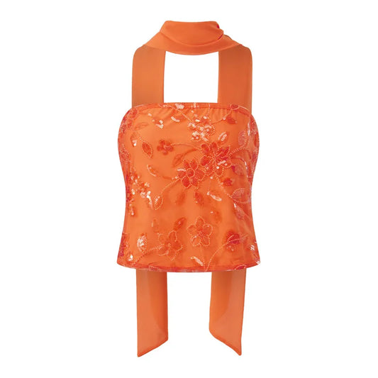 hirigin Women Y2K Sequin Tube Top with Scarf Sexy Backless Pearl Embellished Beaded Cami Bling Glitter Rhinestone Camisole