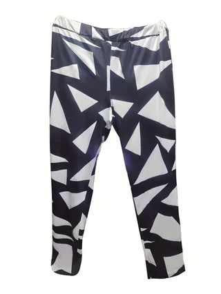 Plus size women's black and white geometric print one-shoulder two-piece set: single-shoulder slit long top   high-waisted skinny flared pants