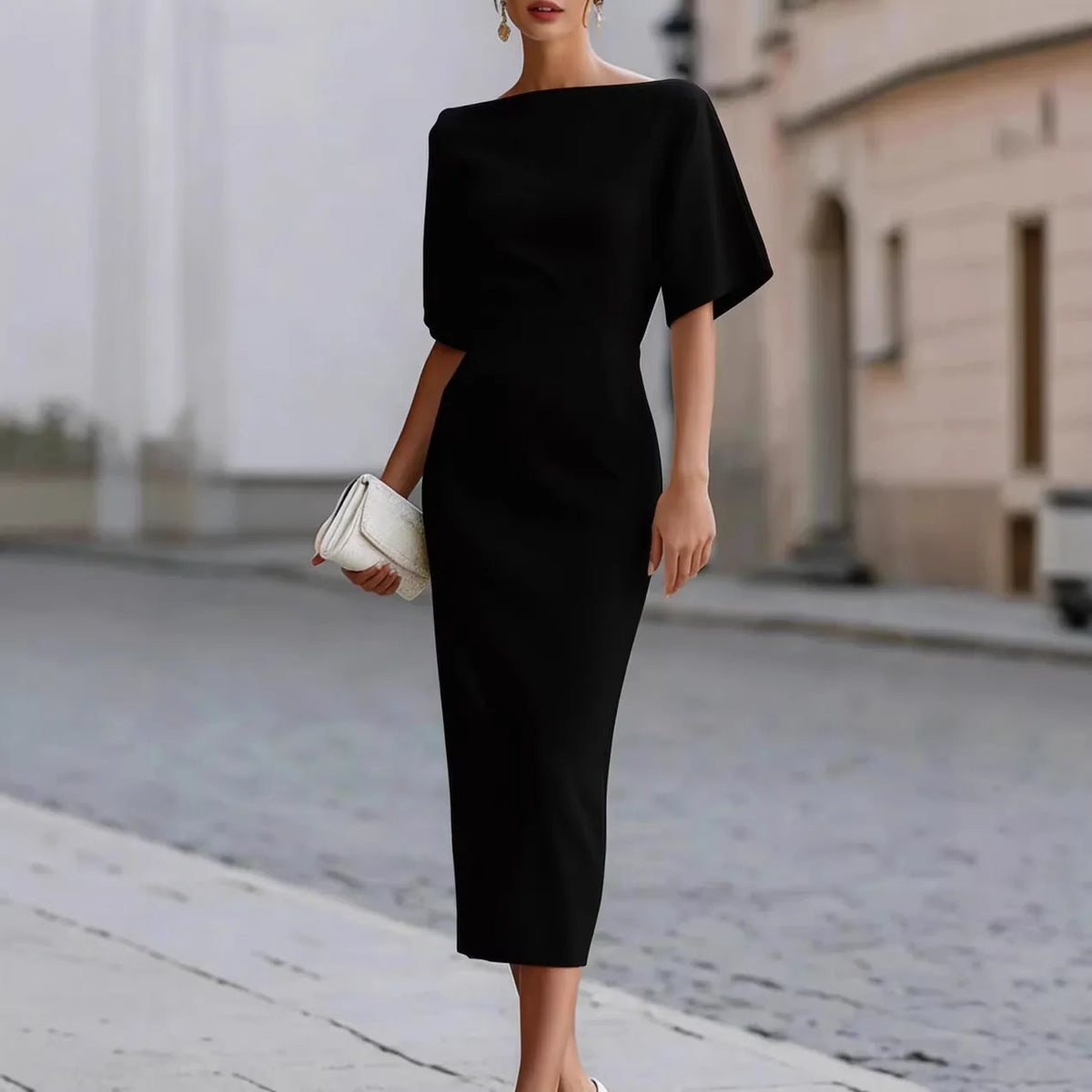 Boat Neck Batwing Half Sleeve Solid  Midi Pencil Dress Fitted Waist Simple Clean Cut Bodycon Mid Length Sheath Gown