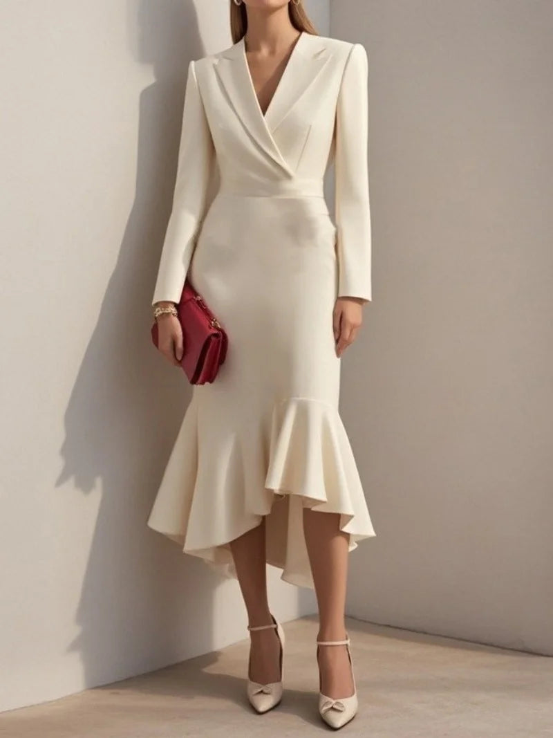 Fashion Lapel Long-sleeved Elegant Hip-wrapped Fishtail Midi Dress