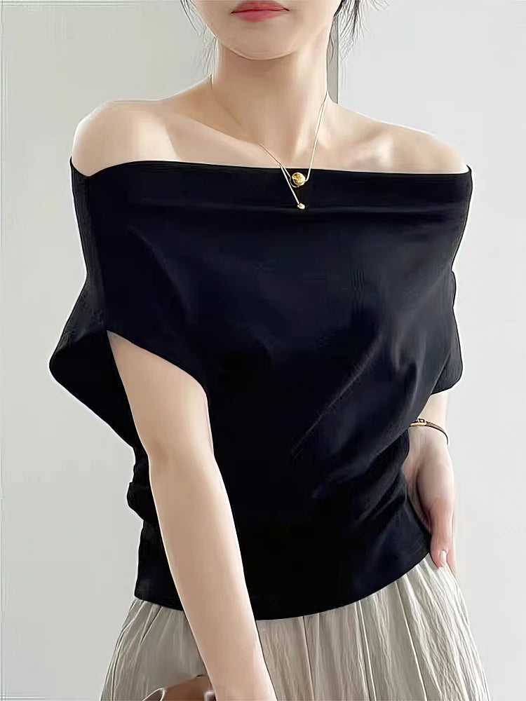 Korean Elegant Summer Off shoulder Top Women One shoulder Loose Casual Short sleeve T shirt Fashion Basic Blouse Lady Spring Sum
