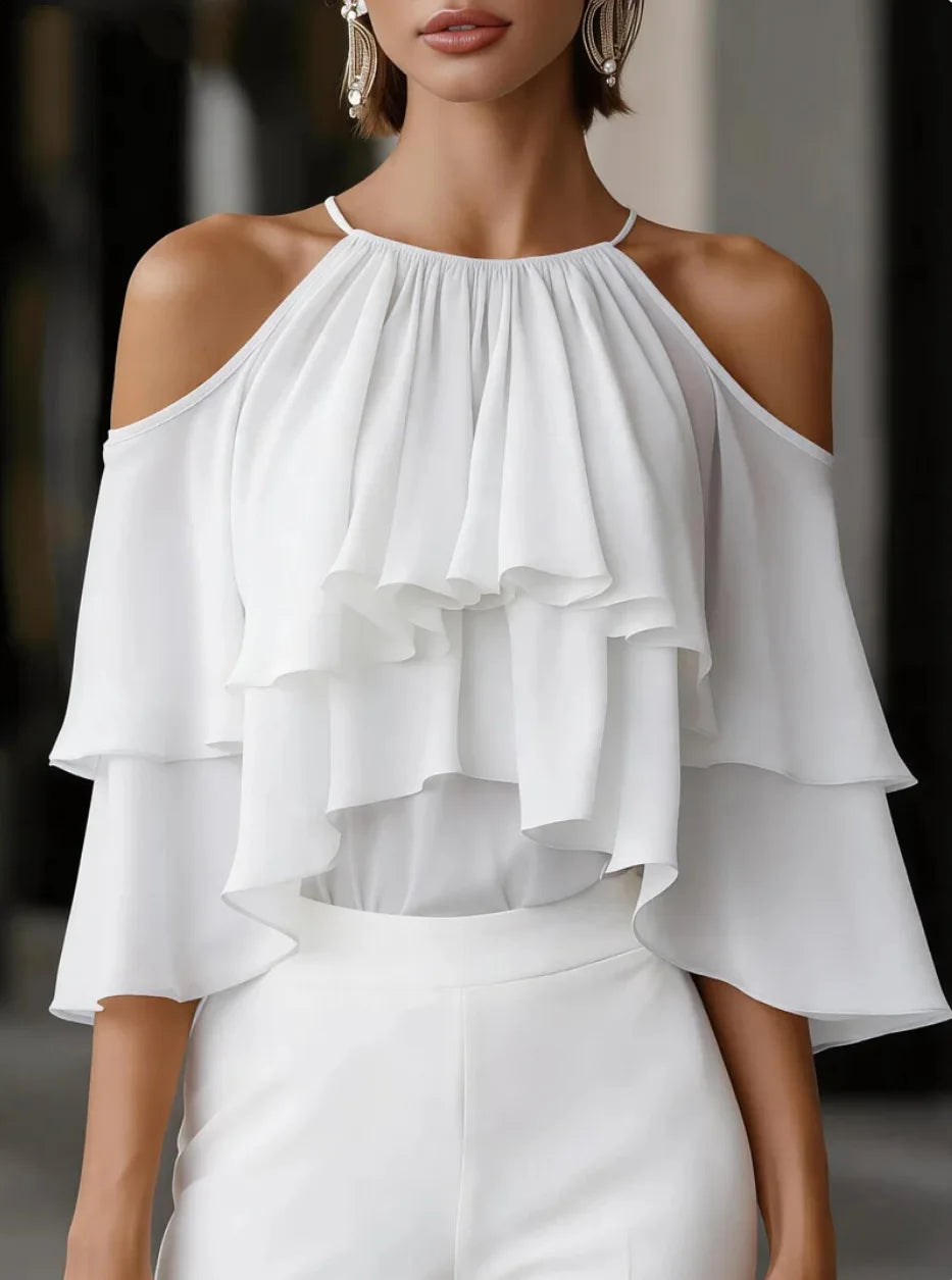 Women Cold Shoulder Halter Blouse Ruffle Layered Chiffon Tops Casual Party Shirts