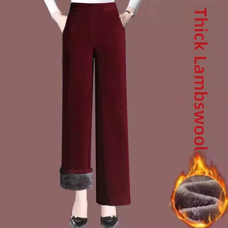 Thickened Fleece Autumn Winter Corduroy High Waist Wide Leg Pants Women's Fashionable And Warm Trousers for Middle-Aged And E...