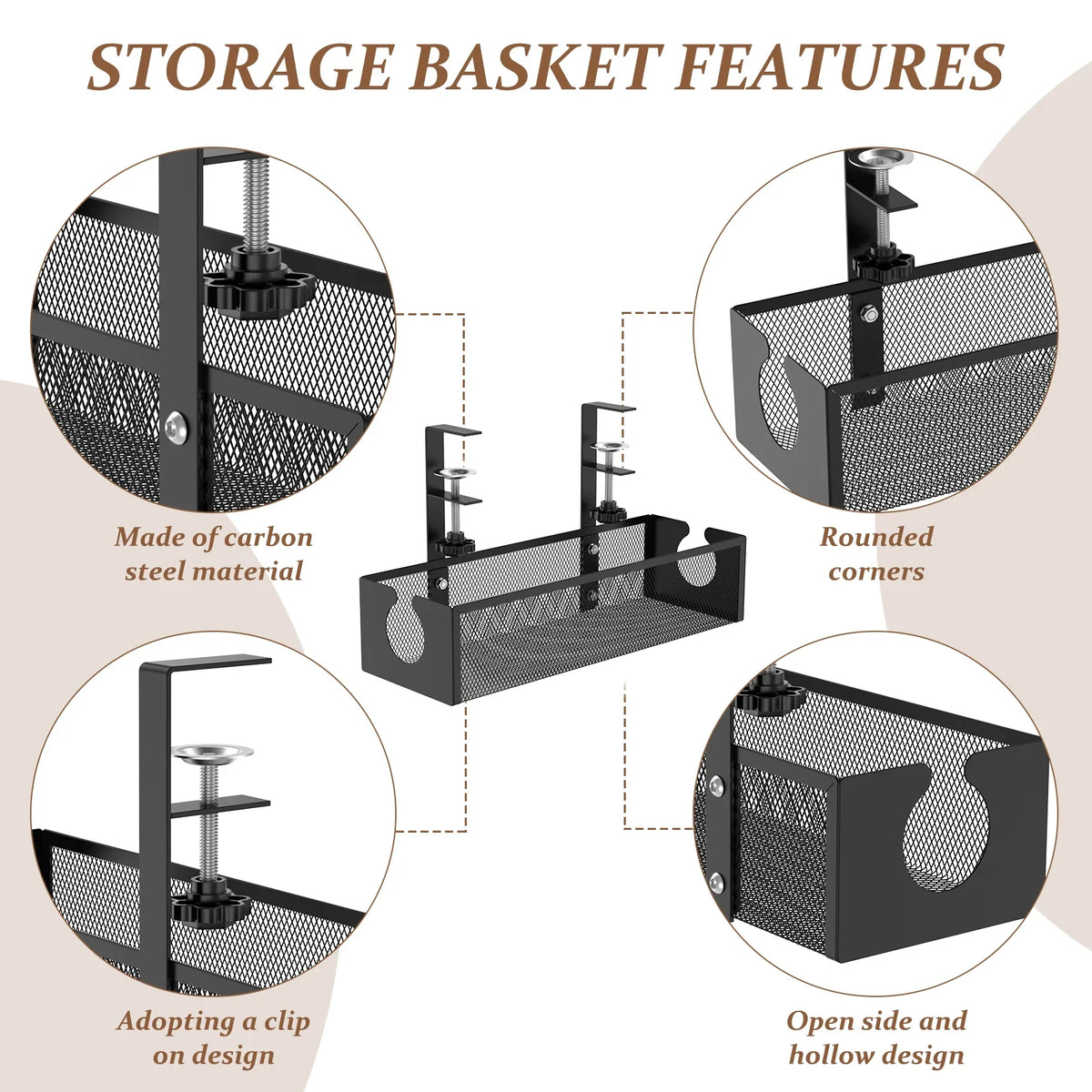 Under Desk Cable Management Tray Carbon Steel No Drilling with Clamp Desk Wire Organizers Table Cord Management Storage Tray