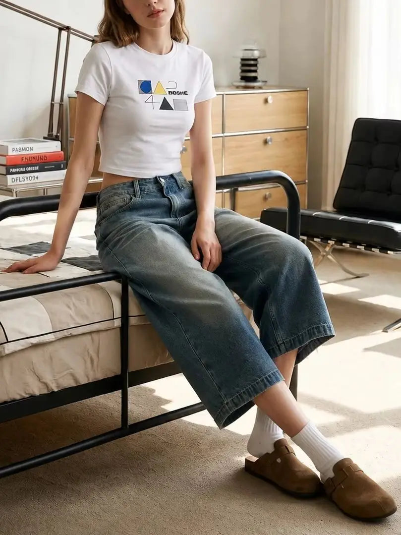 Women Y2K Vintage Light Wash High Waist Cropped Wide Leg Jeans Baggy 7/8 Capri Denim Streetwear Pants