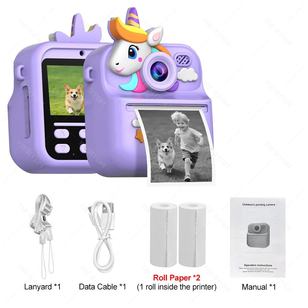 57mm Mini Thermal Printer Children Digital Photography Print Instant Camera 1080PHD Dual Lens Kids Video Recorder for Girls Boys