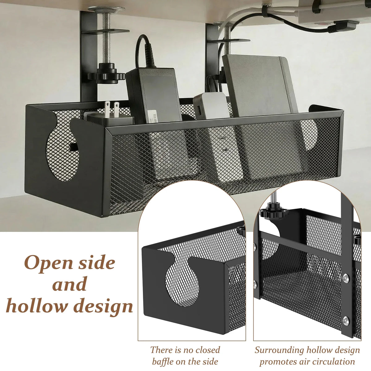 Under Desk Cable Management Tray Carbon Steel No Drilling with Clamp Desk Wire Organizers Table Cord Management Storage Tray