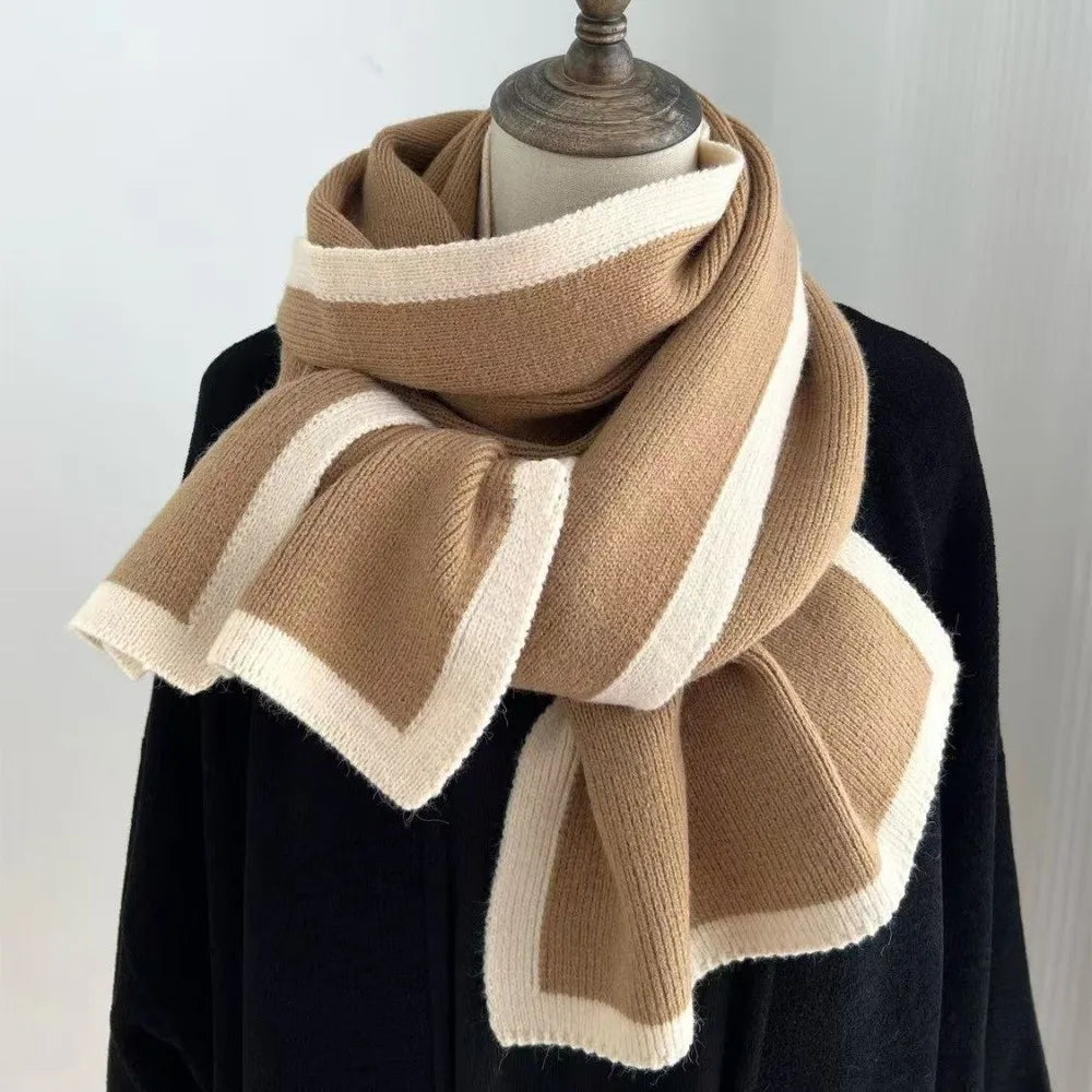 Solid Color Winter Knit Scarf Warm Soft Material Casual Style Neck Warmer Double-Sided Design Contrast Edge Double-Sided Scarf