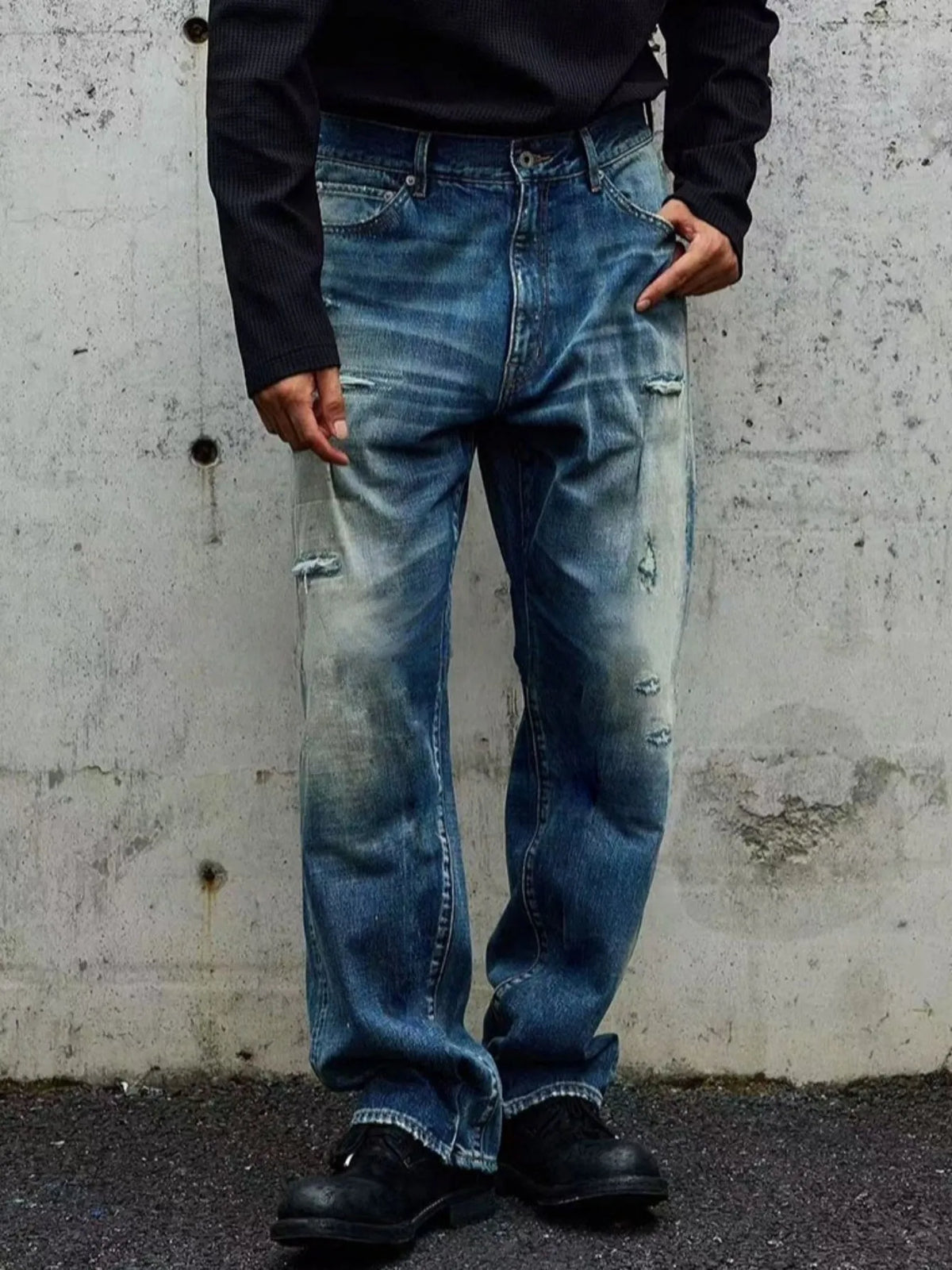 【HME】Men's jeans | Elastic Rear Waist Vintage Destroyed‑effect denim pants, retro cat‑whisker fade men denim trousers, multi‑position subtle frayed rip, roomy wide‑leg silhouette street men pants