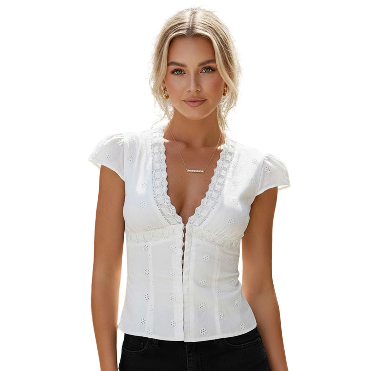 Women S Eyelet Tops Short Shirts-Fashion V Neck Fit-T-Shirts Trim T Shirts Fashion Deep V Neck Durable