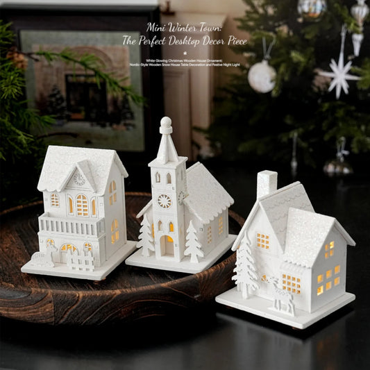 Christmas LED Light Snow White Wooden House Ornaments Light Up Xmas Cabin Tree Figurine Decoration Navidad Home Decor Gift