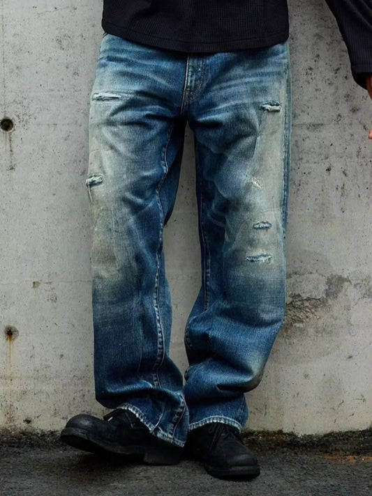 【HME】Men's jeans | Elastic Rear Waist Vintage Destroyed‑effect denim pants, retro cat‑whisker fade men denim trousers, multi‑position subtle frayed rip, roomy wide‑leg silhouette street men pants