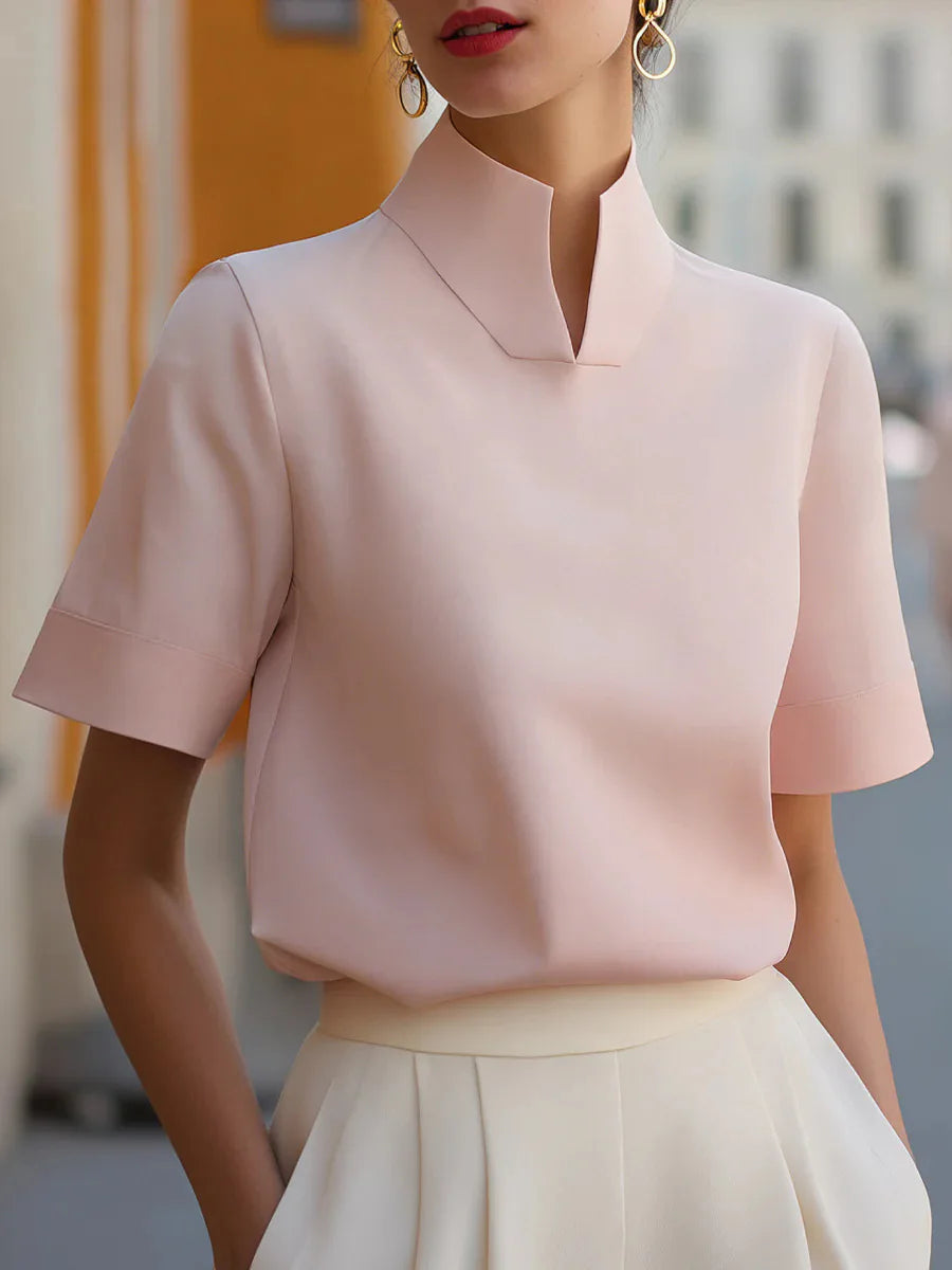 Mandarin Stand Collar Cuffed Short Sleeve Silky Crepe Blouse Women Elegant Office Commuter Shirt