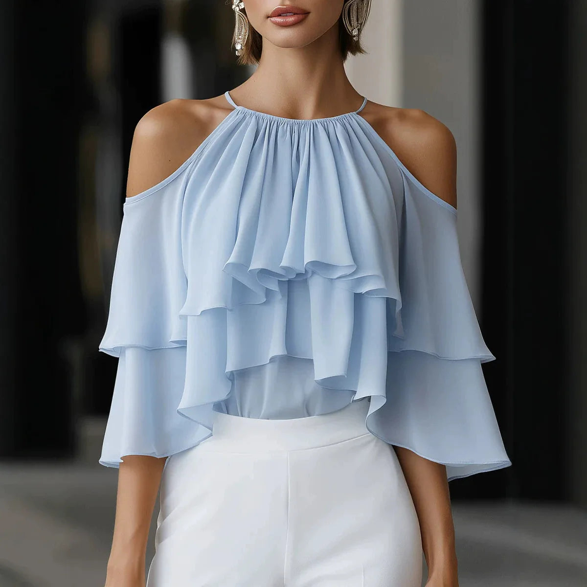 Women Cold Shoulder Halter Blouse Ruffle Layered Chiffon Tops Casual Party Shirts