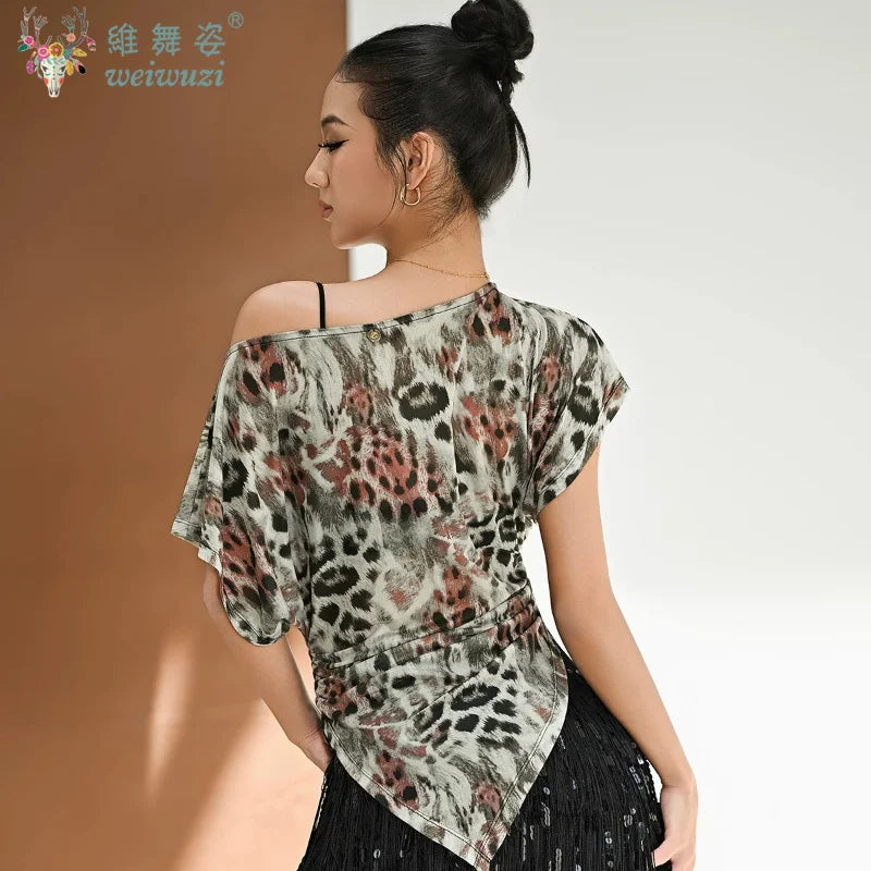 Loose Leopard Print Mesh Ballroom Dance Tops Women Modern Dancing Top Adults Rumba Samba Latin Dance Professional Practice Wear